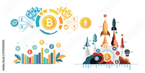 Flat vector illustration of crypto charts and graphs in the background