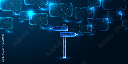 AI decision making and ethical direction concept with glowing signpost and chatbot speech bubbles