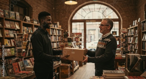 A delivery person hands a package to a customer in a bookstore