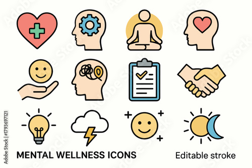 Collection of mental wellness and health icons representing emotional and cognitive states