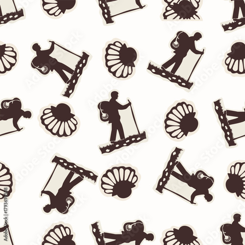 Christian pilgrim backpaker hand drawn seamless vector pattern. Religious home decor pilgrimage shell motif for scrapbooking paper. All over print for sunday school illustration. 