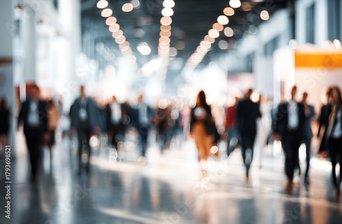 Wallpaper Mural Blurred people walk around at business conference, trade show. Defocused crowd in modern building interior, exhibition center. Abstract background, bokeh effect. Copy space on wallpaper. Industry Torontodigital.ca