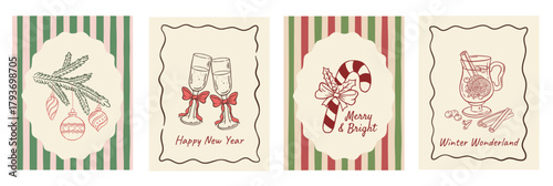 Set of vintage Christmas postcards featuring ornaments, champagne glasses, candy cane, and mulled wine illustration.