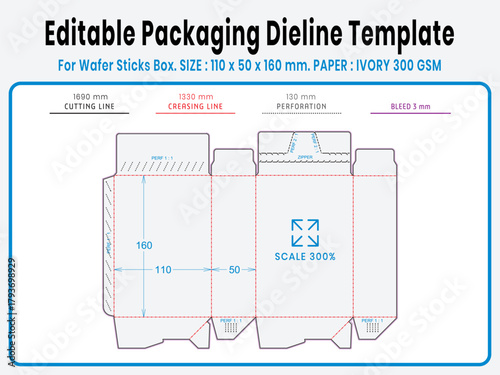 Editable packaging dieline template for wafer roll box. Real dimensions with cutting, creasing, and bleed guides. Ready-to-use vector file for printing and production setup.