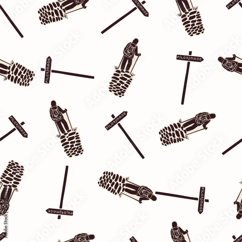 Christian pilgrim backpaker hand drawn seamless vector pattern. Religious home decor pilgrimage motif for scrapbooking paper. All over print for sunday school illustration. 