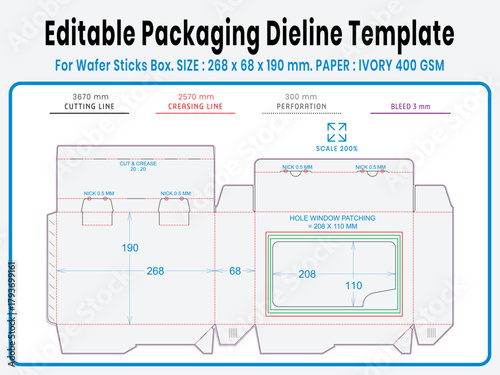 Editable packaging dieline template for wafer roll box. Real dimensions with cutting, creasing, and bleed guides. Ready-to-use vector file for printing and production setup.