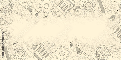 Mechanical engineering drawings on sepia background. Cutting tools, milling cutter. Technical Design. Cover. Blueprint. Horizontal seamless pattern. Vector illustration.