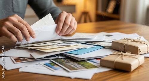 Person sorting mail and postcards, mail scattered across wooden desk, hands opening envelope. Assorted mail on surface includes postcards and wrapped gifts, indicative of letter sorting.