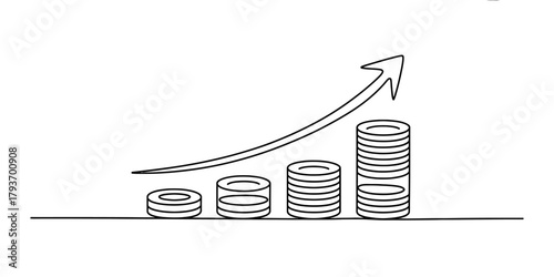 Continuous line drawing of financial growth, increasing coin stacks, and an upward trend arrow, symbolizing investment and wealth accumulation. Vector