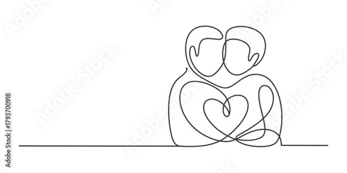 Continuous line drawing of a loving couple embracing with a heart shape, symbolizing connection, romance, and togetherness on white background Vector