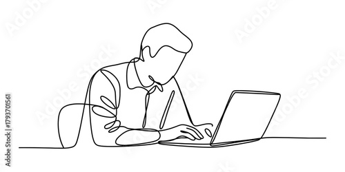 Continuous line art of a person diligently working or studying on a laptop computer, symbolizing modern productivity, remote work, and digital interaction. Vector
