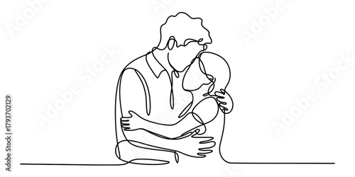 Continuous line art drawing of a loving couple embracing tenderly, capturing intimacy and emotional connection in a simple, elegant style Vector