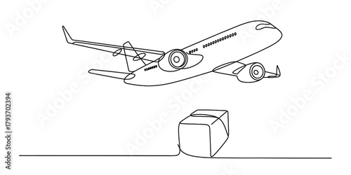 Continuous line art drawing of an airplane flying above a cardboard box. air cargo logistics, global express delivery, fast shipping concept. Vector