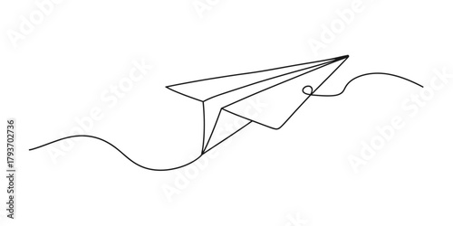 Continuous line drawing of a simple paper airplane soaring on a fluid wavy path, symbolizing communication, journey, freedom, and innovation. Vector
