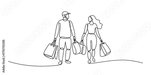 Continuous line art drawing of a couple walking together after a shopping spree, carrying numerous bags, showcasing modern consumerism and retail activity Vector