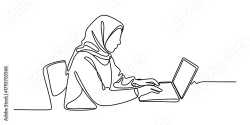 Continuous line art of a focused muslim woman in a hijab, diligently working on her laptop, symbolizing modern professional education and digital connectivity Vector