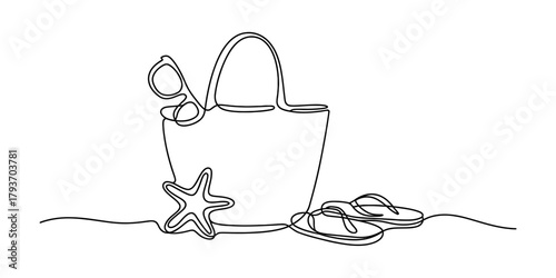 Continuous one-line drawing of summer beach essentials: beach bag, stylish sunglasses, a starfish, and flip-flops, perfect for vacation and travel concepts. Vector