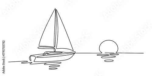 Continuous line drawing of a sailboat on calm water with a setting sun and its reflection, symbolizing peace, freedom, and a serene journey at sea. Vector
