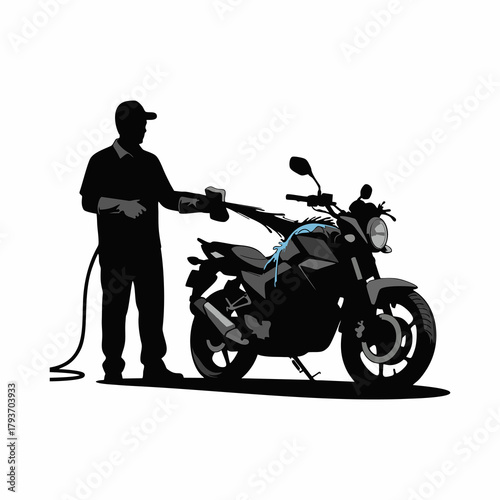 Man Washing Motorcycle with Pressure Washer Silhouette Vector
