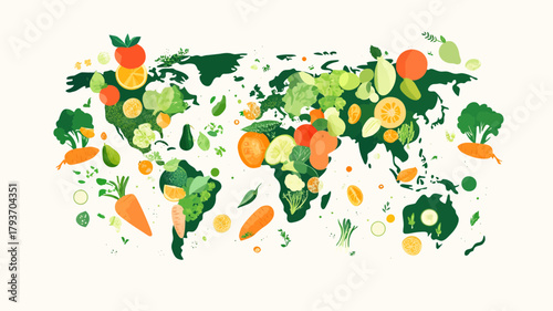 A vibrant, flat design vector banner showing a world map covered in various vegetables and fruits, symbolizing global adoption of plant-based eating for World Vegan Day.