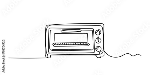 One line drawing of a compact kitchen toaster oven for baking and grilling, a modern household electric appliance with minimalist art style. Vector
