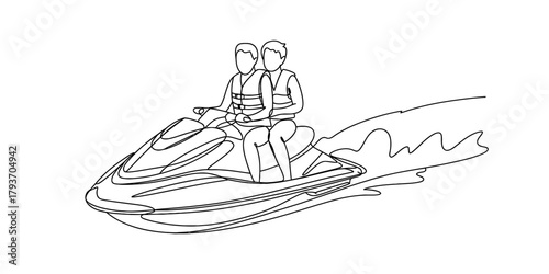 Two people riding a personal watercraft creating a wake, enjoying summer water sports adventure with continuous line art illustration Vector