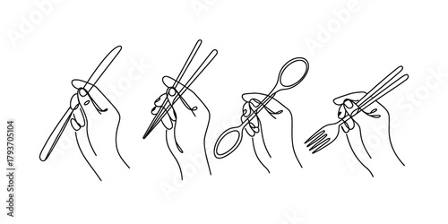 Continuous line art illustration depicting four hands holding a knife, chopsticks, spoon, and fork, symbolizing diverse dining and food culture. Vector