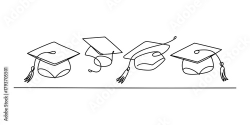 Continuous line art illustration of four graduation caps in a row, symbolizing education, academic achievement, and success. Vector
