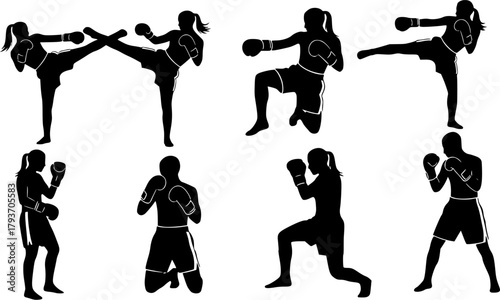 Kickboxing silhouette, Kickboxer silhouette, Kickbox silhouettes, Kickboxing, Kickboxing clipart set