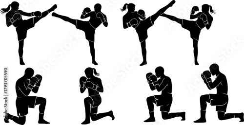 Kickboxing silhouette, Kickboxer silhouette, Kickbox silhouettes, Kickboxing, Kickboxing clipart set