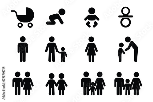 Collection of silhouette icons representing family stages and relationships