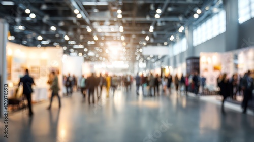 Wallpaper Mural Business Exhibition Blur: A blurred trade show or business exhibition with booths and visitors, perfect for showcasing products and networking. High quality Torontodigital.ca