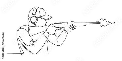 One continuous line drawing of a rifle shooter aiming with ear protection and a cap, illustrating the precise sport of target shooting, muzzle flash. Vector