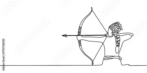 Continuous line art drawing of an archer figure with a traditional feather headdress aiming a bow and arrow, symbolizing focus and ancient spirit. Vector