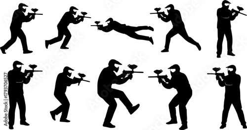 Paintball player silhouettes, Paintball player, Paintball player clipart, Paintball silhouettes, Paintball player set