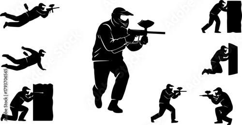 Paintball player silhouettes, Paintball player, Paintball player clipart, Paintball silhouettes, Paintball player set