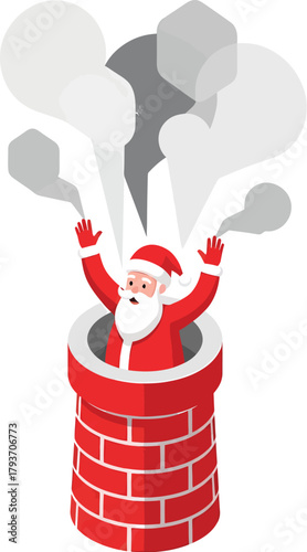 Cartoon Santa Claus getting stuck in a red brick chimney on Christmas with smoke rising, depicted in a colorful flat illustration style.
