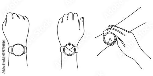 Minimalist line art illustration of human wrists wearing various watches, with a hand adjusting a timepiece, symbolizing punctuality and time management. Vector