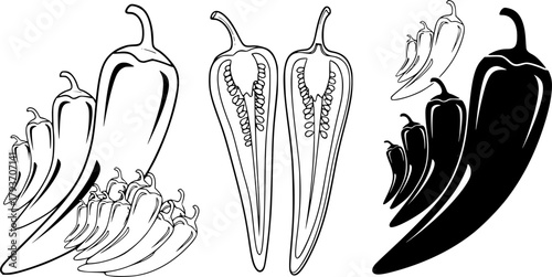 Chili pepper outline, Chili outline, Chili pepper, Chili pepper clipart, Chili pepper silhouette, Chili icon, Chili, Hot chili, Hot pepper, Half chili, Chili outline bundle