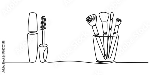 Continuous line art drawing of beauty and cosmetics products, including mascara and a set of professional makeup brushes in a holder Vector