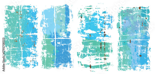 Set of blue and teal grunge texture vector backgrounds with distressed rough edges and abstract scratch details.