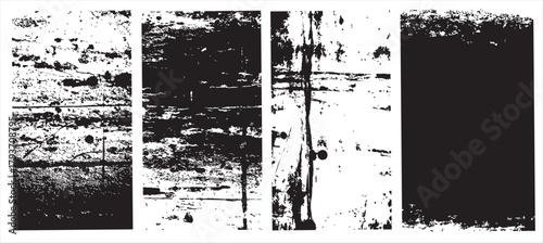 Vector set of black and white grunge textured backgrounds with rough distressed surfaces, scratches, erosion, and abstract high-contrast patterns. 