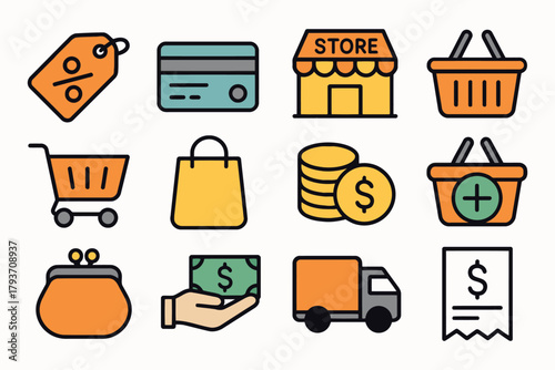 Colorful flat icons representing various aspects of online and physical shopping and commerce