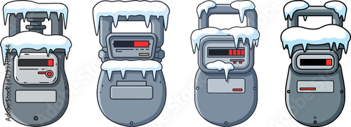 Frozen gas meters covered in snow during winter season  