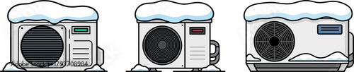 Air conditioners covered in snow with winter decorations  