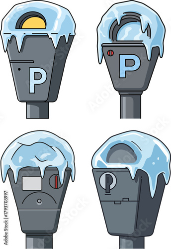 Frozen parking meters covered in snow and ice in winter season  