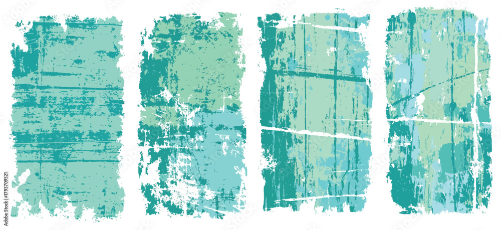 Set of distressed turquoise grunge textures with rough brush patterns and weathered surface effects in vertical panels. Concept of vintage, abstract, design, texture, and creativity.