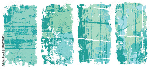 Set of distressed turquoise grunge textures with rough brush patterns and weathered surface effects in vertical panels. Concept of vintage, abstract, design, texture, and creativity.