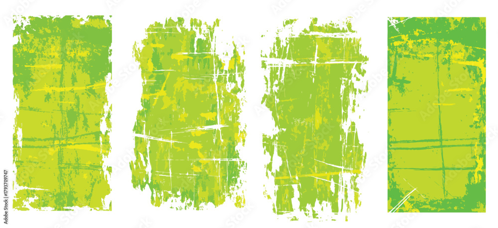 Grunge texture background set in green and yellow tones with rough distressed edges, scratches, splatter and worn surface patterns