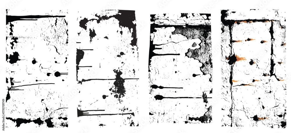 Grunge distressed texture set with cracked surfaces, peeling paint, splatter marks and rough worn patterns in black and white. 